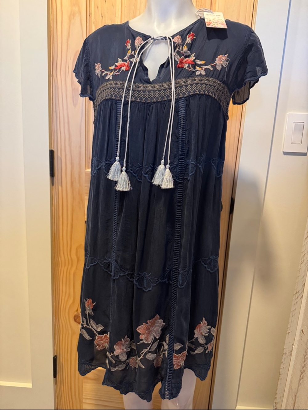 Johnny Was Navy Embroidered Floral Edda Slip Dress